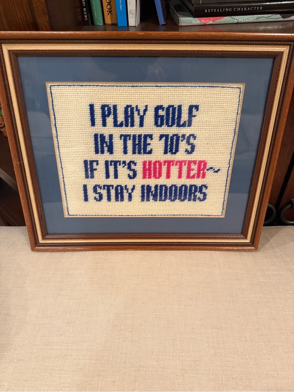 Framed Cross-Stitch Sign "I Play Golf in the 70's" - Blue & Pink